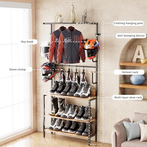 Motorcycle Helmet Holder Floor Mounted Stand, Wall Mount with Helmet Rack, 4 Glove Chips and 4 Hooks, Rustic Helmets Holder and Motorcycle Helmets Rack for Most of Helmet in Saudi Arabia