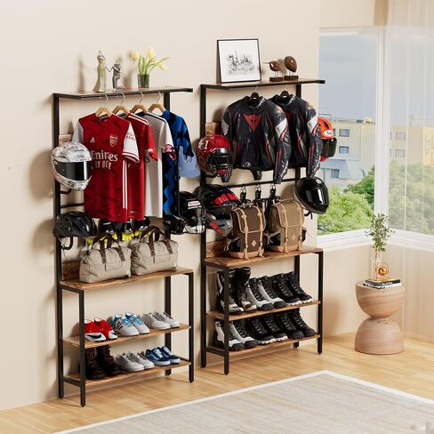 Motorcycle Helmet Holder Floor Mounted Stand, Wall Mount with Helmet Rack, 4 Glove Chips and 4 Hooks, Rustic Helmets Holder and Motorcycle Helmets Rack for Most of Helmet in Saudi Arabia
