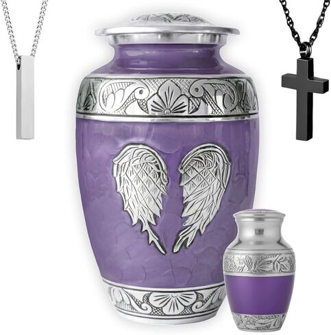مجموعة من 6 جرار حرق للرماد البشري تتضمن جرة كبيرة مع 4 تذكارات صغيرة وقلادة فضية - أجنحة الملاك الأرجوانية in Kuwait
