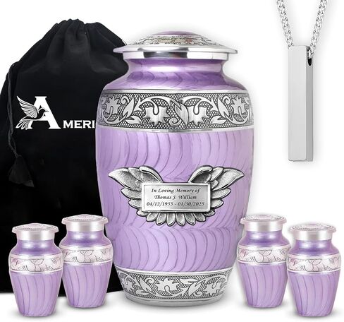 مجموعة من 6 جرار حرق للرماد البشري تتضمن جرة كبيرة مع 4 تذكارات صغيرة وقلادة فضية - أجنحة الملاك الأرجوانية in Kuwait