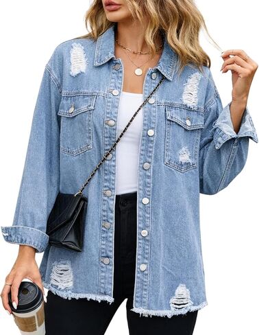 Kedera Womens Oversized Denim Jacket Distressed Casual Long Sleeve Washed Ripped Jean Shacket Fall Fashion Winter Clothes in Saudi Arabia