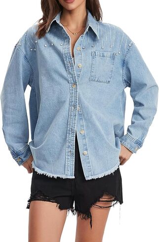 SCOFEEL المرأة قميص دينيم زر أسفل حجر الراين جان سترة طويلة الأكمام المتوترة هيم شاكيت عادية 2026 بلايز in Kuwait