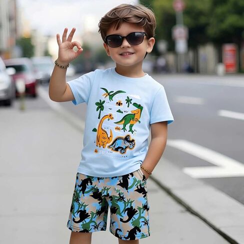 Boys Dinosaur 2 Piece Summer Outfit T Shirt Shorts Set Graphic Print Short Sleeve Crew Neck Tee Pockets Shorts in Saudi Arabia