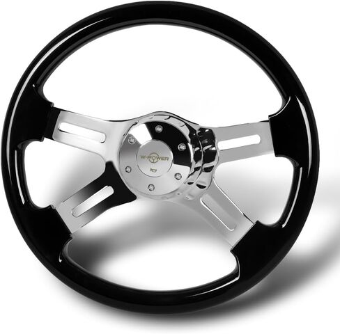 W-Power, 16" Universal 406mm 5 Bolt Hole 2 Inches Deep with Aluminum Polished Vintage Style Wood Grip Steering Wheel, Chrome Horn Button (Dark Wood Grip/Chrome Spokes) in Saudi Arabia