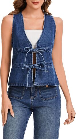 Ladyful Women's Deep V-Neck Denim Vest Bow Tie Front Sleeveless Jean Waistcoat Y2K Fashion Summer Top Tank in Saudi Arabia
