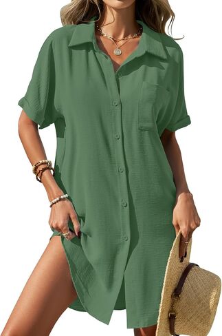 بدلة سباحة للسيدات من Halife فستان قميص بأزرار سفلية لبدلة السباحة لتغطية فساتين الصيف والشاطئ in Kuwait