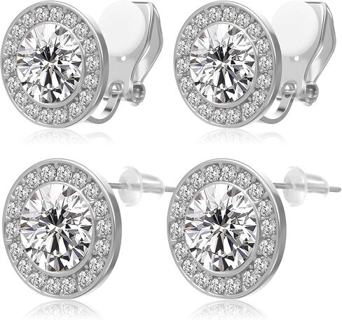 2 Pairs Clip on Dance Earrings with 2 Pairs Rhinestone Stud Crystal Clip On Studs Halo Earring Round Rhinestone Dance Stud Silver Earring Jewelry Gift for Dances Stage Opera Performance Wedding in Saudi Arabia
