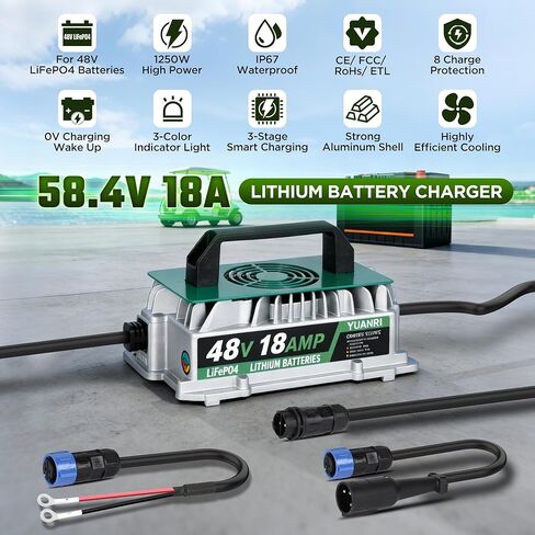 شاحن بطارية LiFePO4 48 فولت 18 أمبير 58.4 فولت شاحن بطارية ليثيوم، IP67 مقاوم للماء، استيقاظ 0 فولت، شاحن ذكي 18 أمبير LiFePO4 لبطاريات LiFePO4 58.4 فولت (51.2 فولت) لسيارة النادي/الطاقة الشمسية/RVs/عربة الجولف in Kuwait