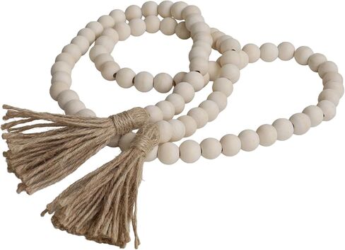 Farmhouse Beads 58in Wood Bead Garland with Tassels, Rustic Country Boho Wall Hanging Decor, Prayer Beads in Saudi Arabia