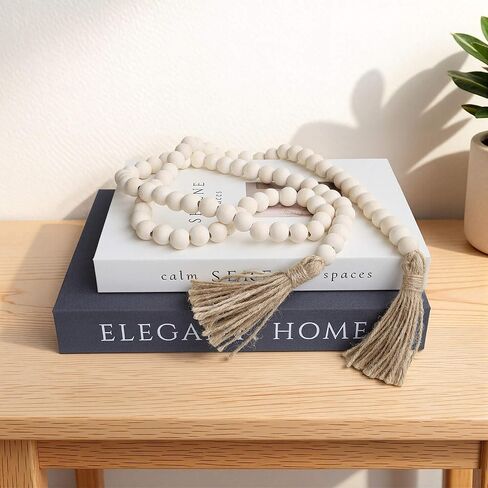 Farmhouse Beads 58in Wood Bead Garland with Tassels, Rustic Country Boho Wall Hanging Decor, Prayer Beads in Saudi Arabia