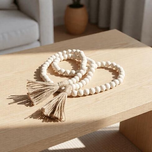 Farmhouse Beads 58in Wood Bead Garland with Tassels, Rustic Country Boho Wall Hanging Decor, Prayer Beads in Saudi Arabia
