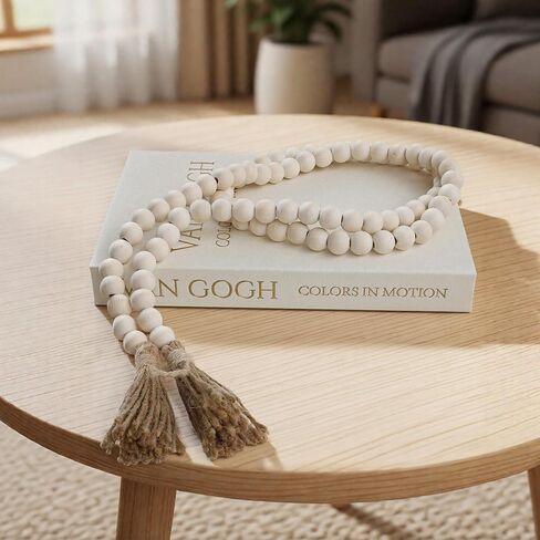 Farmhouse Beads 58in Wood Bead Garland with Tassels, Rustic Country Boho Wall Hanging Decor, Prayer Beads in Saudi Arabia