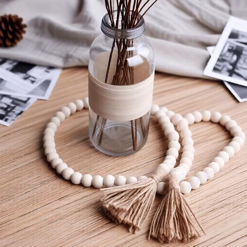 Farmhouse Beads 58in Wood Bead Garland with Tassels, Rustic Country Boho Wall Hanging Decor, Prayer Beads in Saudi Arabia
