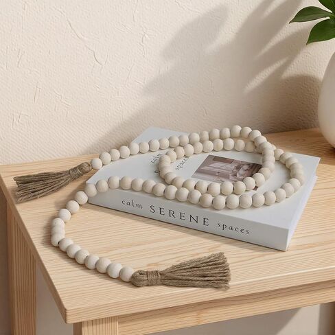 Farmhouse Beads 58in Wood Bead Garland with Tassels, Rustic Country Boho Wall Hanging Decor, Prayer Beads in Saudi Arabia