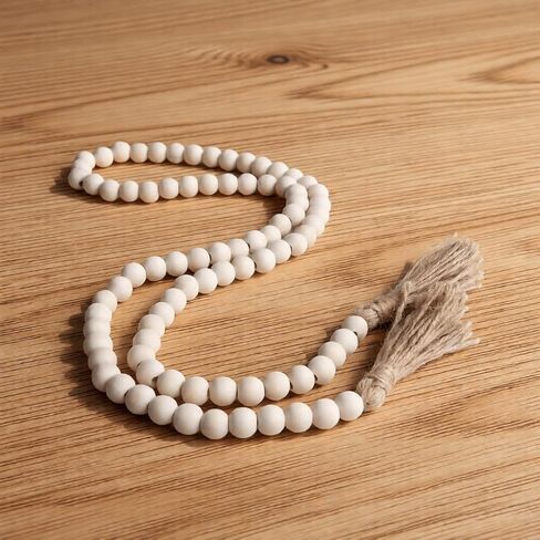 Farmhouse Beads 58in Wood Bead Garland with Tassels, Rustic Country Boho Wall Hanging Decor, Prayer Beads in Saudi Arabia
