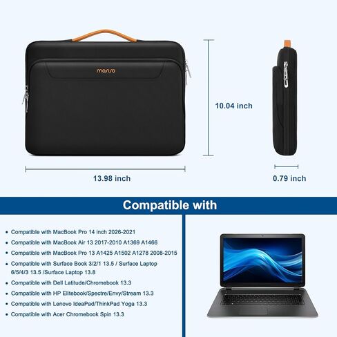 حقيبة كمبيوتر محمول واقية MOSISO 360 مقاس 13.3 بوصة، وحقيبة كمبيوتر محمول 13-14 بوصة متوافقة مع MacBook Air/Pro 13 / Pro 14، وHP Dell Acer ASUS، حقيبة حمل جانبية مفتوحة مع جيب مرتفع ومقبض من البولي يوريثان وحزام، أسود in Kuwait