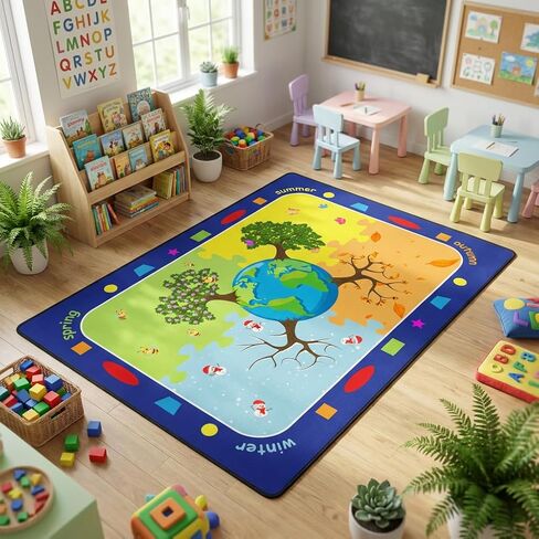 Kids Rugs for Playroom, Trees of The Four Seasons Rugs, Non-Slip Soft Earth&Trees Kids Rug, Earth Day Educational Playmat for Kids Carpet for Preschool Elementary Classroom -5' x 7' Blue in Saudi Arabia