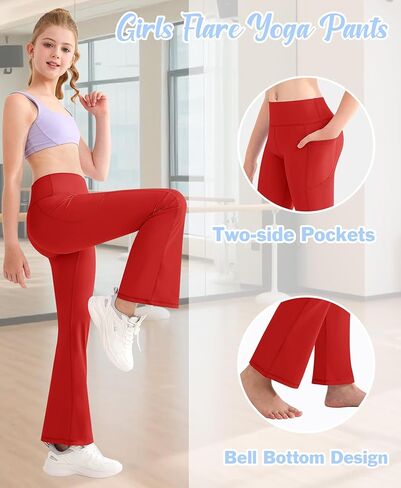 QooNoo الفتيات طماق مضيئة للأطفال الصغار عالية الخصر جرس أسفل السراويل اليوغا الرياضية للأطفال حذاء رياضي مع جيوب in Kuwait