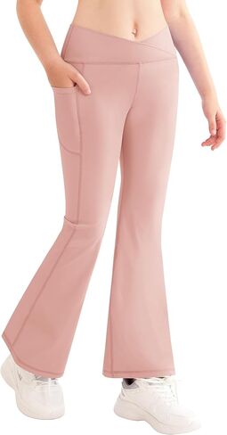 QooNoo الفتيات طماق مضيئة للأطفال الصغار عالية الخصر جرس أسفل السراويل اليوغا الرياضية للأطفال حذاء رياضي مع جيوب in Kuwait