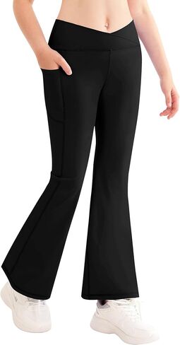 QooNoo الفتيات طماق مضيئة للأطفال الصغار عالية الخصر جرس أسفل السراويل اليوغا الرياضية للأطفال حذاء رياضي مع جيوب in Kuwait