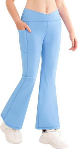 QooNoo الفتيات طماق مضيئة للأطفال الصغار عالية الخصر جرس أسفل السراويل اليوغا الرياضية للأطفال حذاء رياضي مع جيوب in Kuwait