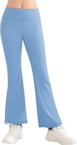 QooNoo الفتيات طماق مضيئة للأطفال الصغار عالية الخصر جرس أسفل السراويل اليوغا الرياضية للأطفال حذاء رياضي مع جيوب in Kuwait