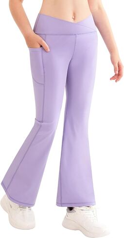 QooNoo الفتيات طماق مضيئة للأطفال الصغار عالية الخصر جرس أسفل السراويل اليوغا الرياضية للأطفال حذاء رياضي مع جيوب in Kuwait