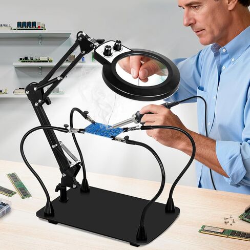 KUVRS 10X Magnifying Glass with Light and Stand, Flexible Magnetic Helping Hands, Large Base & Clamp Magnifying Lamp, 3 Color Adjustable Arm Desk Magnifying Glass with Light for Soldering Craft Hobby in Kuwait