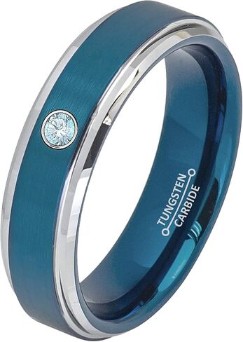 0.07ct Aquamarine Tungsten Ring - March Birthstone - 6MM Two-Tone Blue-Plated Brushed Finish Center Silver Stepped Edge Comfort Fit Unisex Wedding Anniversary Band in Kuwait