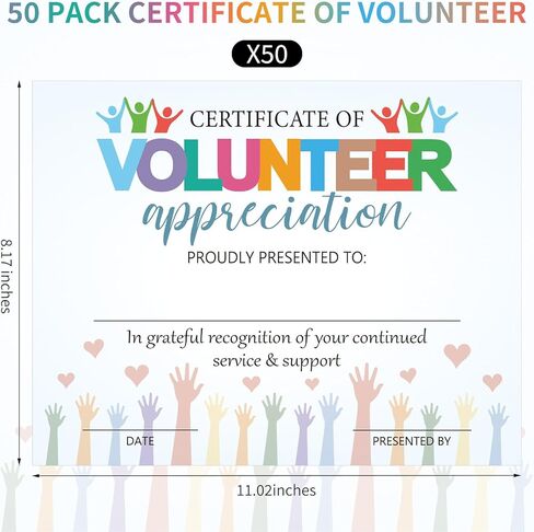 50 Pack Certificate of Volunteer Appreciation Paper Volunteer Award Certificates Thank You Awards Recognition for Nonprofits, Schools, Churches, Community Events, 11 x 8.3 Inch in Saudi Arabia