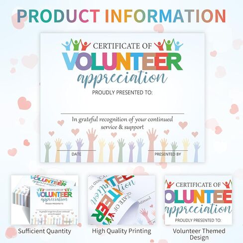 50 Pack Certificate of Volunteer Appreciation Paper Volunteer Award Certificates Thank You Awards Recognition for Nonprofits, Schools, Churches, Community Events, 11 x 8.3 Inch in Saudi Arabia