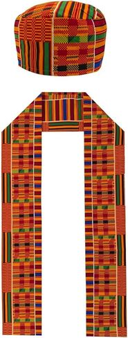2 Pcs African Kente Pattern Kufi Hat Men Hat and Kente African Print Stole Sash for Black African History in Saudi Arabia