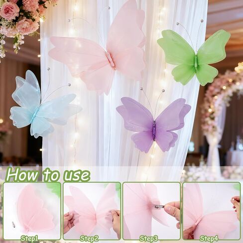 SUNBEAUTY Butterfly Party Decorations, 3D Butterflies, Water Proof Wedding Decor, Hanging Butterflies for Baby Shower Birthday Decor Party Girls, Women, PET Plastic Butterfly for Wall Decor, Set of 4 in Kuwait