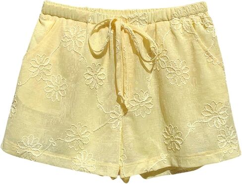 SOLY HUX Women's Summer Shorts Floral Embroidery Tie Front Elastic Waist Wide Leg Vacation Shorts in Saudi Arabia
