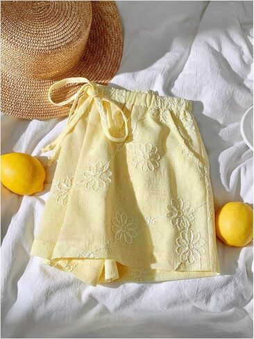 SOLY HUX Women's Summer Shorts Floral Embroidery Tie Front Elastic Waist Wide Leg Vacation Shorts in Saudi Arabia