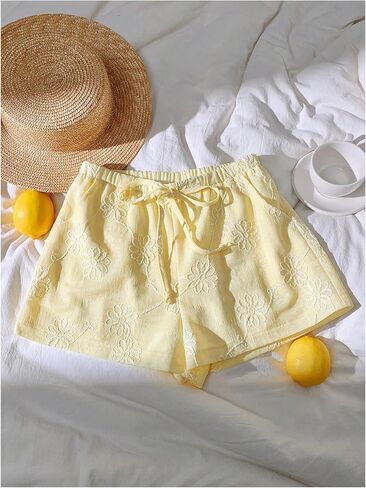 SOLY HUX Women's Summer Shorts Floral Embroidery Tie Front Elastic Waist Wide Leg Vacation Shorts in Saudi Arabia