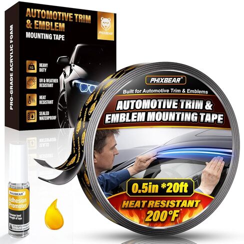 Automotive Trim & Emblem Mounting Tape (0.5in x 20ft), Acrylic Foam Double Sided Tape for Emblems, Moldings & Accessories — Weather-Resistant,Includes Optional Adhesion Promoter for PP/PE in Saudi Arabia