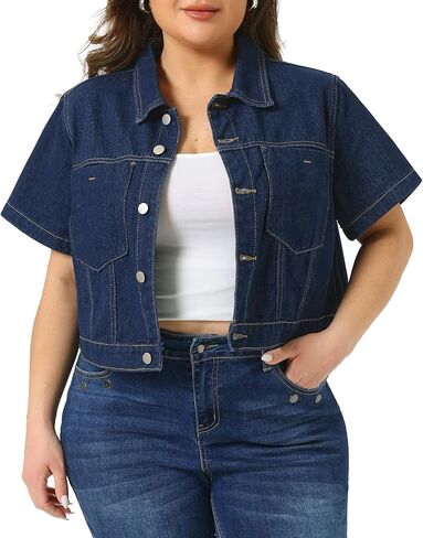 Agnes Orinda Plus Size Denim Jackets for Women Classic Short Sleeve Button Down Washed Cropped Jean Jacket in Saudi Arabia