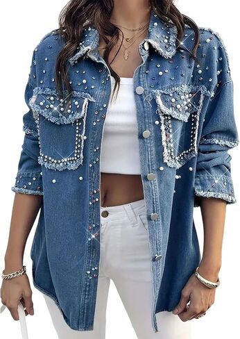 Jean Jackets for Women with Bling Embroidered Pearls Beading Washed Jean Jackets Oversized Coat Denim Shacket in Kuwait