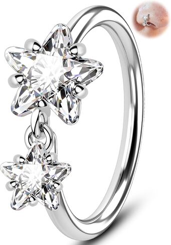 Melighting 20G Twist Nose Ring, 316L Stainless Steel Heart or Star Zircon Nose Hoop, 8mm Nostril Piercing Ring with Dangle Charm, Single Piece Nose Jewelry in Saudi Arabia