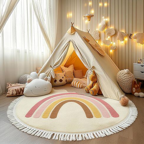 Rainbow Area Rug Soft for Girls Kids Room Washable Artificial Wool Bedroom Living Room, Tassels Round Carpet Rainbow Pattern, Non-Slip Indoor Floor Carpet Home Decor, 3 Feet in Saudi Arabia