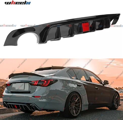 ناشر خلفي مع ضوء فرامل أحمر LED متوافق مع 2018-2024 Infiniti Q50، مصد خلفي مناسب لـ 2018 2019 2020 2021 2022 2023 2024 4 أبواب (أسود لامع) in Saudi Arabia