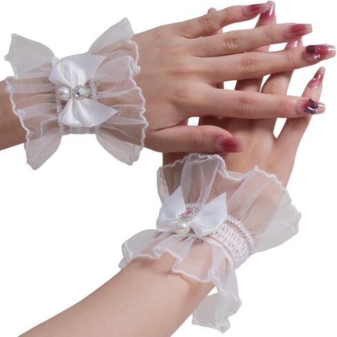 AUOCATTAIL Lace Wrist Cuff Gloves Pearl Rhinestone Bow Hand Sleeve for Women Wedding Masquerade Party Cosplay Decoration in Saudi Arabia