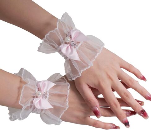 AUOCATTAIL Lace Wrist Cuff Gloves Pearl Rhinestone Bow Hand Sleeve for Women Wedding Masquerade Party Cosplay Decoration in Saudi Arabia