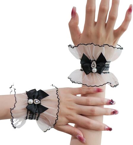 AUOCATTAIL Lace Wrist Cuff Gloves Pearl Rhinestone Bow Hand Sleeve for Women Wedding Masquerade Party Cosplay Decoration in Saudi Arabia