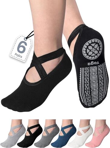 VITEVER 6-Pair Pilates Grip Socks for Women, Yoga Socks with Grips Non Slip Straps, Grippy Socks Suitable for Ballet, Barre, Dance, Hospital, Barefoot, Workout in Saudi Arabia