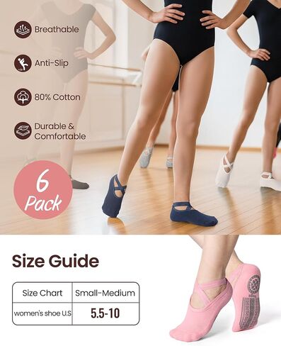 VITEVER 6-Pair Pilates Grip Socks for Women, Yoga Socks with Grips Non Slip Straps, Grippy Socks Suitable for Ballet, Barre, Dance, Hospital, Barefoot, Workout in Saudi Arabia