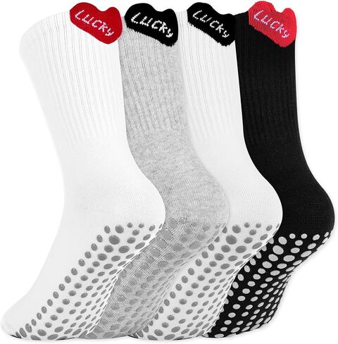 4 Pairs Cute Pilates Grip Socks for Women Girls Bow Hearts Cotton Crew Yoga Sock for Gym Ballet Hospital in Saudi Arabia