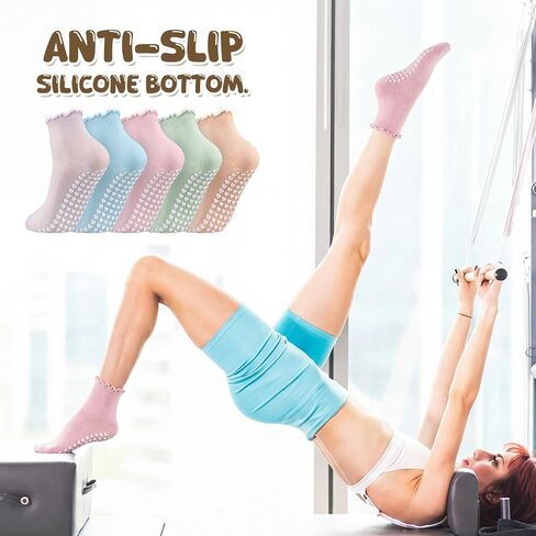 Cuffbow 5 Pairs Ruffle Pilates Socks with Grips for Women, Pastel Non Slip Crew Ruffle Yoga Socks for Gym, Barre, Pilates in Saudi Arabia
