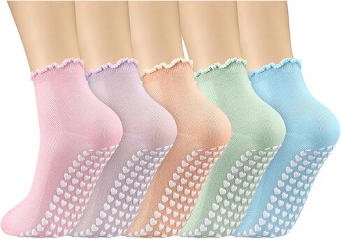 Cuffbow 5 Pairs Ruffle Pilates Socks with Grips for Women, Pastel Non Slip Crew Ruffle Yoga Socks for Gym, Barre, Pilates in Saudi Arabia